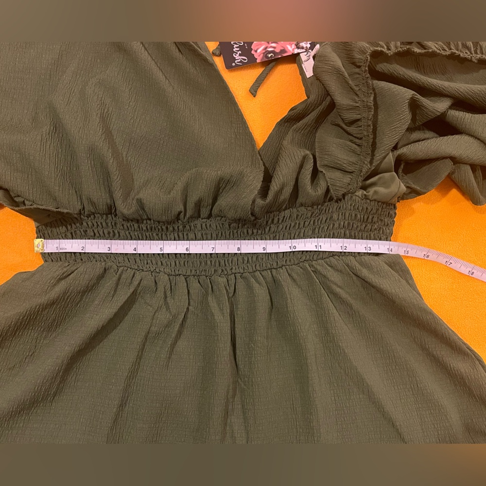 Plunging ruffle-trim mini dress with shorts built in. V-neck olive color. L, NWT - Picture 11 of 13